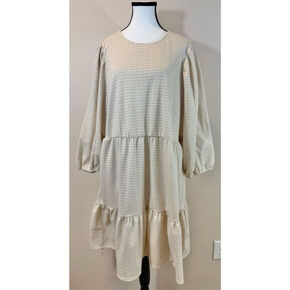 Draper James RSVP Tiered Tan Houndstooth 3/4 Puff Sleeve Mini Dress Women's XL - Picture 3 of 13